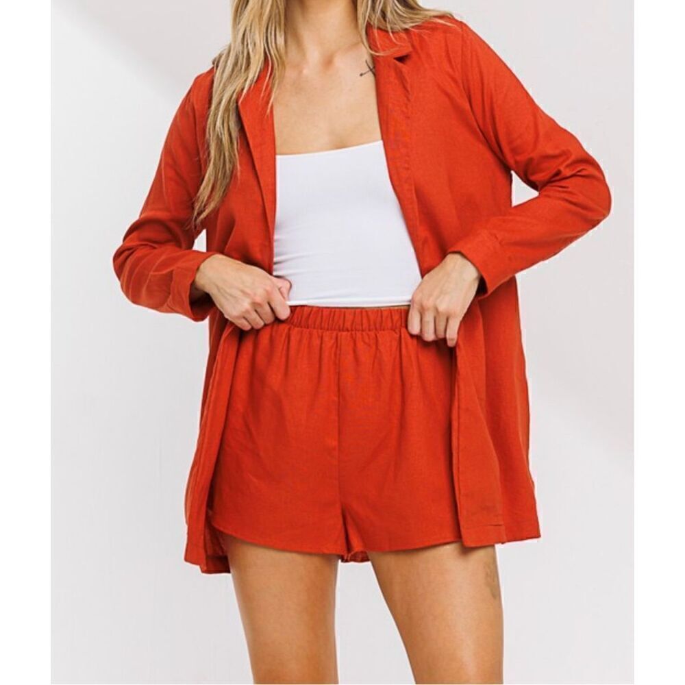 Rust Linen Blazer and Short Set - Picture 3 of 7